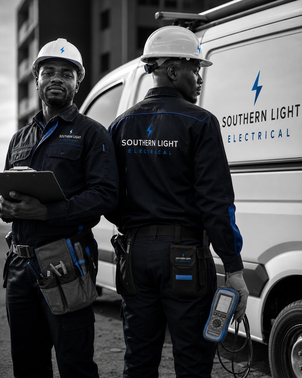 Southern Light Electrical technicians in branded uniform beside the company service van